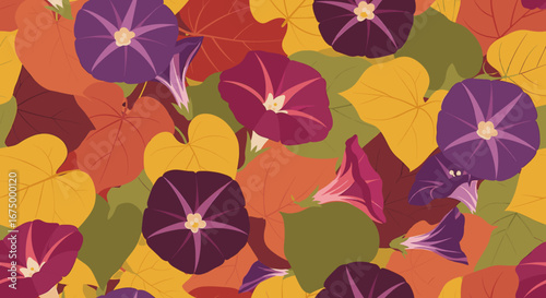 Vibrant autumnal morning glory flowers and leaves create a dense, repeating pattern.