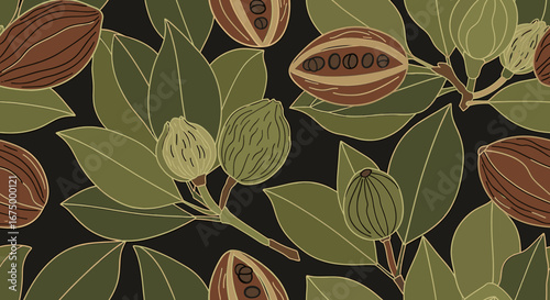 Stylized nutmeg illustration, seamless pattern of dark green leaves and brown nutmeg pods on a black background.