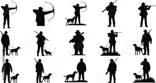 Silhouettes of hunters with bows and rifles, hunting dogs, outdoor hunting, archery, wildlife hunting, forest hunter, aiming bow, hunter with dog, rifle hunter, 