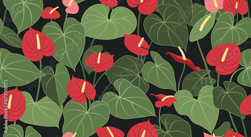 Vibrant red and pink Anthurium flowers and lush green leaves create a repeating pattern on a dark background.
