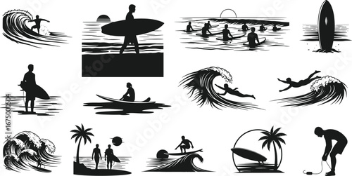 Silhouettes of surfers riding waves, holding surfboards, ocean surfing, beach sunset, surfing lifestyle, sea waves, surfing activity, water sport, tropical beach, surf 