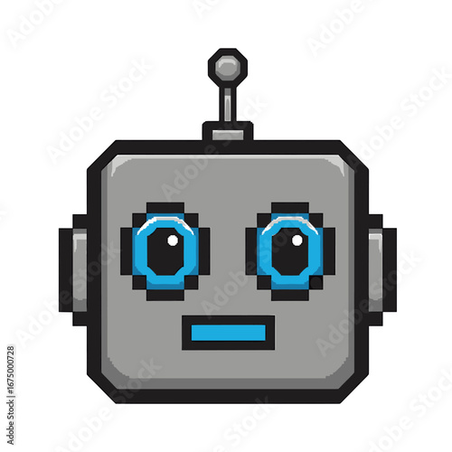 Pixelated robot head, cartoonish style, front view, gray metal, blue eyes.