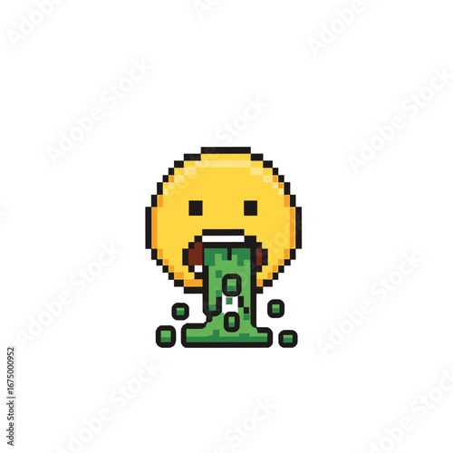 Pixelated yellow emoji with open mouth, expelling green vomit, isolated on white background.