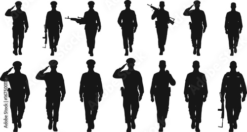 Soldier silhouette vector, army man walking, military salute illustration, rifle soldier poses, war forces in uniform, black shadow design