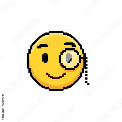 Pixelated yellow smiley face wearing monocle, digital art.