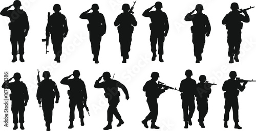 Soldier silhouette vector, military salute poses, armed forces marching illustration, army soldier with rifle, war action stance design clipart