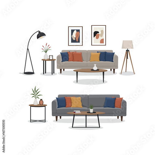 Interior of a modern living room with comfortable sofa, wooden chairs, and a dining table by the window