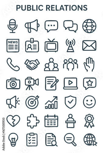 Suitable for presentations or social media posts on pr topics. Icons include media outreach, crisis management, press release, and more.