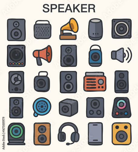 Assortment of audio devices in various colors, perfect for music or technologyrelated projects, websites, brochures, and presentations.