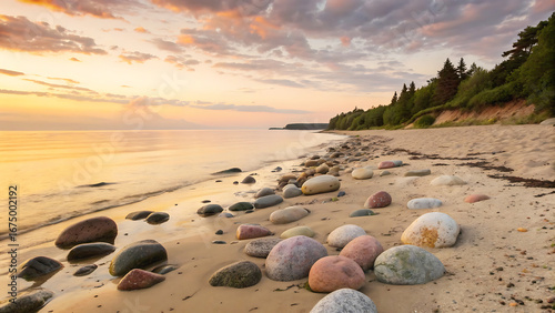 Fototapeta Naklejka Na Ścianę i Meble -  Beautiful sunset on the Baltic Sea beach with colorful stones and warm light painting a serene coastal landscape for travel inspiration and peaceful relaxation