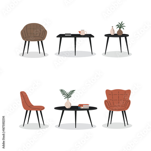 Vintage wooden chairs and table set for a stylish dining room or cafe interior
