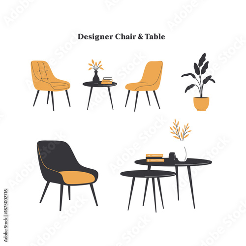 Stylish empty wooden dining room chairs and tables set