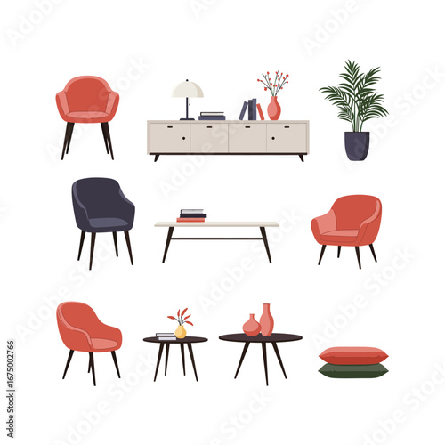 Vector illustration of a modern kitchen interior with a set of dining chairs and a table