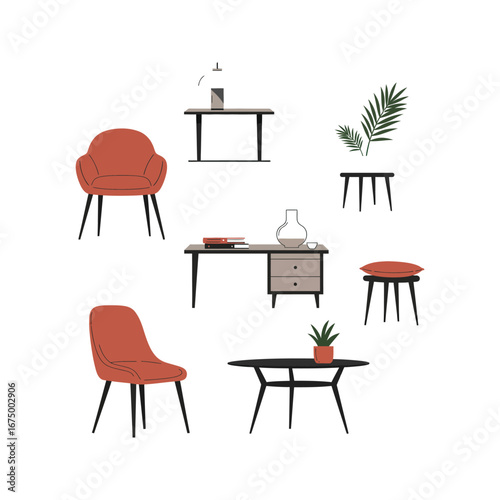 Vector illustration of a modern kitchen or dining room set with a wooden table and chairs