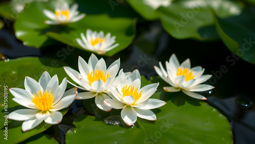 A serene view of white water lilies blooming on lily pads in a tranquil pond setting outdoors