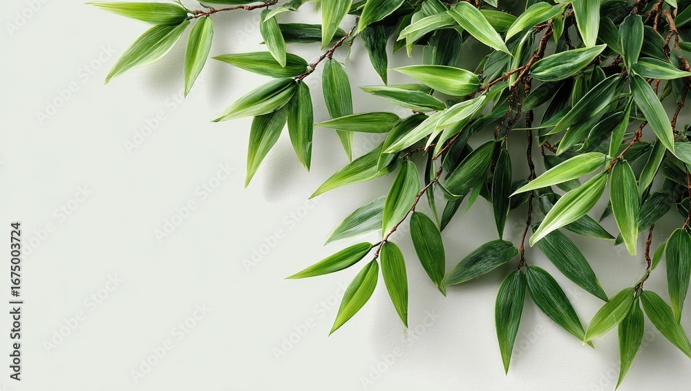 Fototapeta premium Lush green leaves on a light gray background