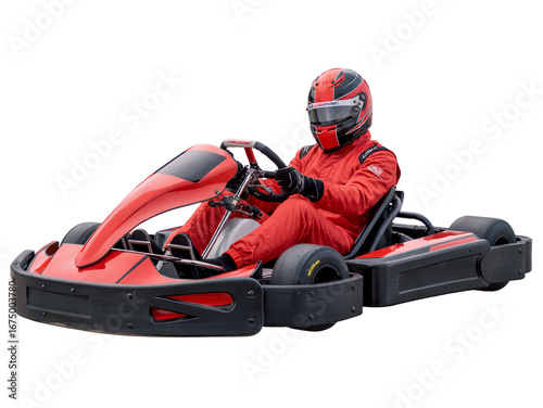 Gokart racer in a red suit and helmet driving a red gokart isolated on transparent background