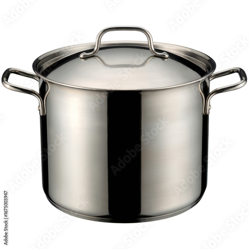 A shiny stainless steel cooking pot with two handles and a lid, isolated on transparent background