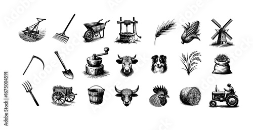 Traditional Farming Flatten Hand Drawn Iconography Set Vector by AZ for UI/UX, Books, Design and Decoration Asset