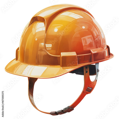 Bright orange construction hard hat with a suspension system, isolated on transparent background