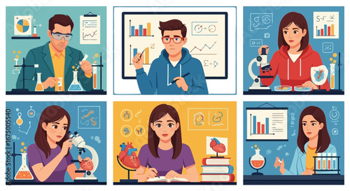 Illustrative collection of scientists and students conducting experiments, studying, and presenting research findings.
