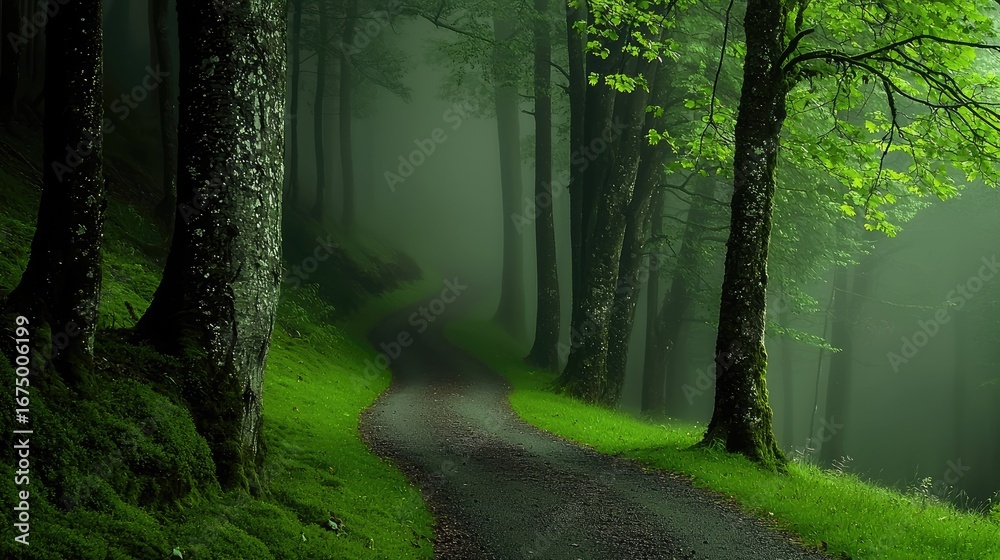Naklejka premium A misty forest path winding through lush greenery.