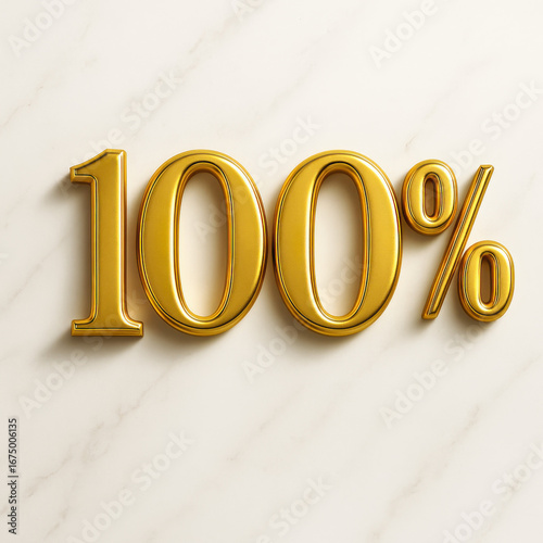 Shiny gold 100 percent symbol on light marble background 3d render for success approval guarantee and full quality rating concept