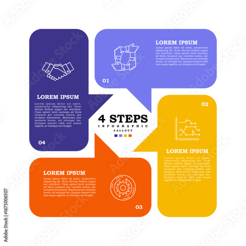 Circle chart callout infographic Communications template with 4 options for presentations. Vector illustration Eps	
