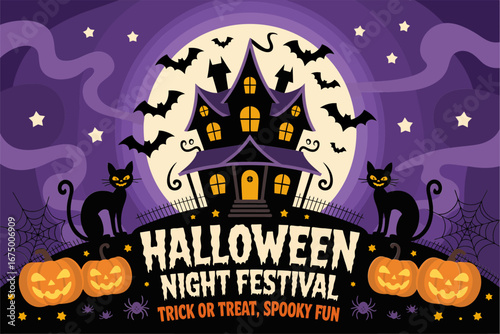 Halloween night festival poster, haunted house with bats pumpkins and cats, trick or treat party theme, spooky vector illustration