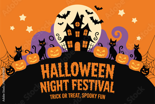 Halloween night festival banner, castle hill with pumpkins bats and cats, festive orange background, trick or treat event vector design