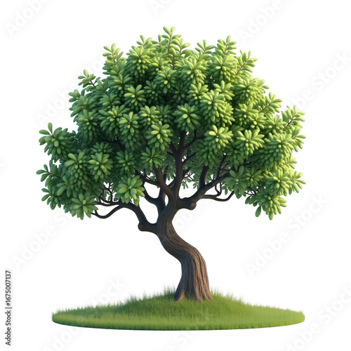 A vibrant, stylized bonsai tree stands on a grassy mound, showcasing detailed foliage and a unique trunk shape against a striking black backdrop.