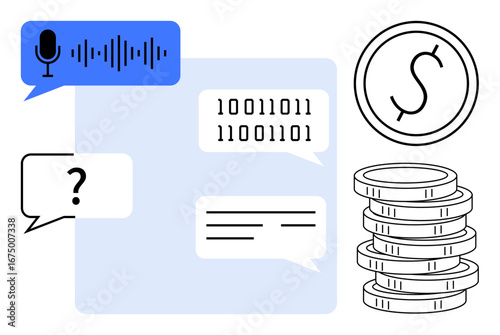 Chat bubbles with audio wave, binary code, coins, and dollar sign represent speech recognition, communication, data processing, and digital economy. Ideal for AI, finance digital transformation