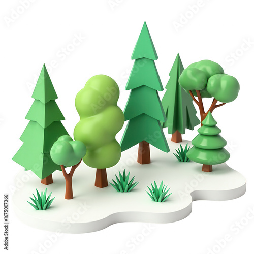 A whimsical 3D illustration depicts a group of stylized trees and grass on a floating, white platform against a black background.