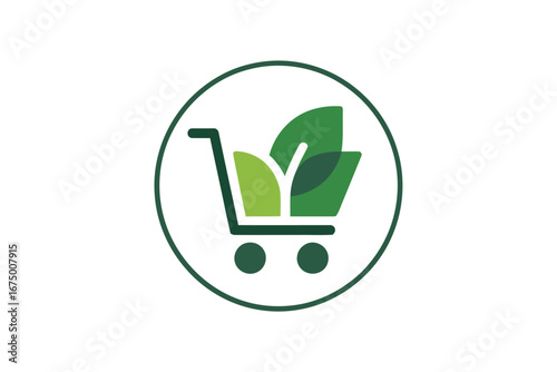 Green Monday cart and leaf logo, round icon style, eco retailer branding, sustainable sale emblem, clean vector design template