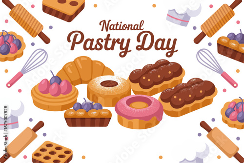National pastry day celebration, dessert selection layout, donuts eclairs cakes muffins, bakery festival poster, food event design, vector artwork