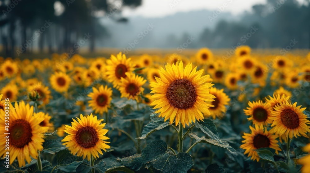 Fototapeta premium A vibrant field of sunflowers stands tall under a clear sky, showcasing their bright yellow petals and rich green leaves, creating a picturesque landscape.