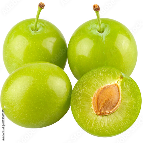 Juicy Green Plum Isolated On White Background: Capturing the essence of summer with a close-up shot, showcasing vibrant green plums, offering a refreshing display of natural food