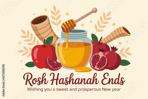 Rosh Hashanah ends celebration banner, honey jar apples pomegranate and shofar, sweet new year wish, vector poster, greeting card design