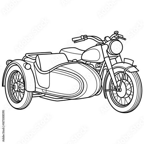 A black and white sidecar motorcycle illustration line art of a coloring page