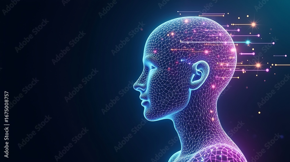 Obraz premium A digital representation of a human head with glowing lines emanating from the head area