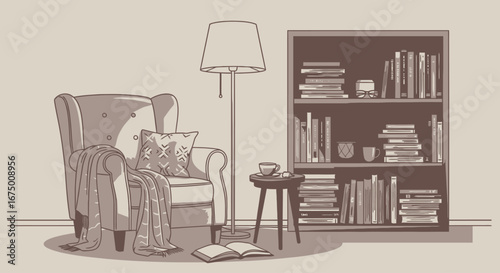 Cozy Reading Nook Illustration Depicting a Comfortable Armchair, Bookshelf, and Warm Lighting, Ideal for Illustrating Relaxation, Home Decor, and Literary Concepts.
