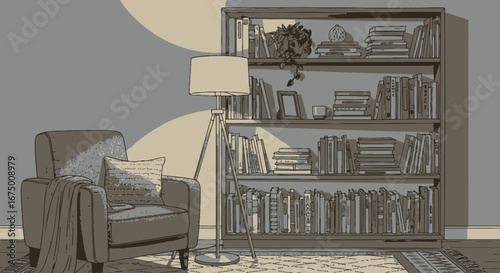 Cozy Reading Nook Illustration Featuring Armchair, Bookshelf, and Floor Lamp, Ideal for Interior Design Concepts and Relaxing Home Environment Visualizations