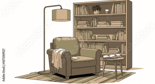 Illustrated cozy reading nook featuring an armchair, bookshelf, and floor lamp, perfect for illustrating relaxation, study, or the joy of reading in a home setting.