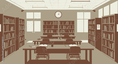 Serene Library Interior Illustration with Bookshelves and Study Tables, Ideal for Educational Resources and Backgrounds for Literary Projects