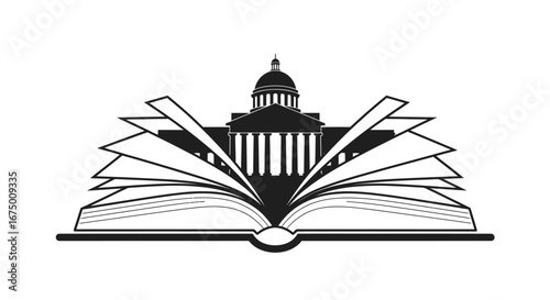 Education and Governance Emblem Featuring Open Book and Building Silhouette, a Symbol of Knowledge, Learning, and State Institutions ideal for educational projects.