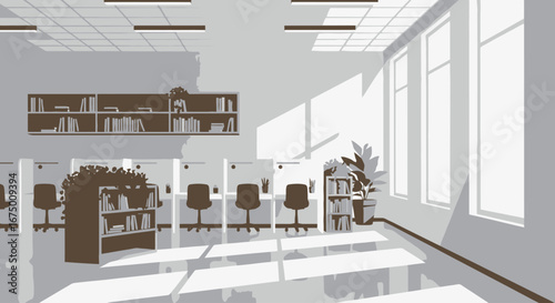 Minimalist Library Interior with Natural Sunlight and Modern Design Accents for Educational and Architectural Visualization Projects