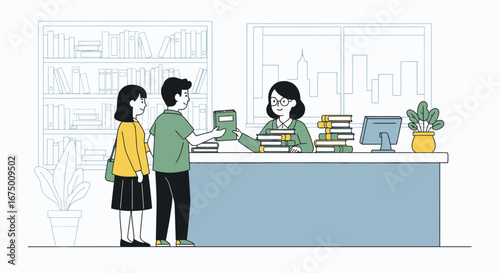 Illustration of a Library Lending Desk Scene, Depicting Readers Returning Books and a Librarian Assisting Patrons for Educational and Informational Purposes