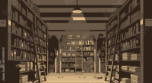 Atmospheric library interior featuring towering bookshelves and vintage lighting, ideal for illustrating academic settings, historical archives, or literary environments.