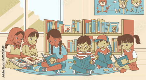 Children Enjoying Reading Together in a Library Illustration, Ideal for Children's Books, Educational Materials, and Promoting Literacy Programs