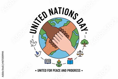 United Nations Day badge, people holding hands around globe, together for a better world, nonprofit awareness graphic, event poster vector